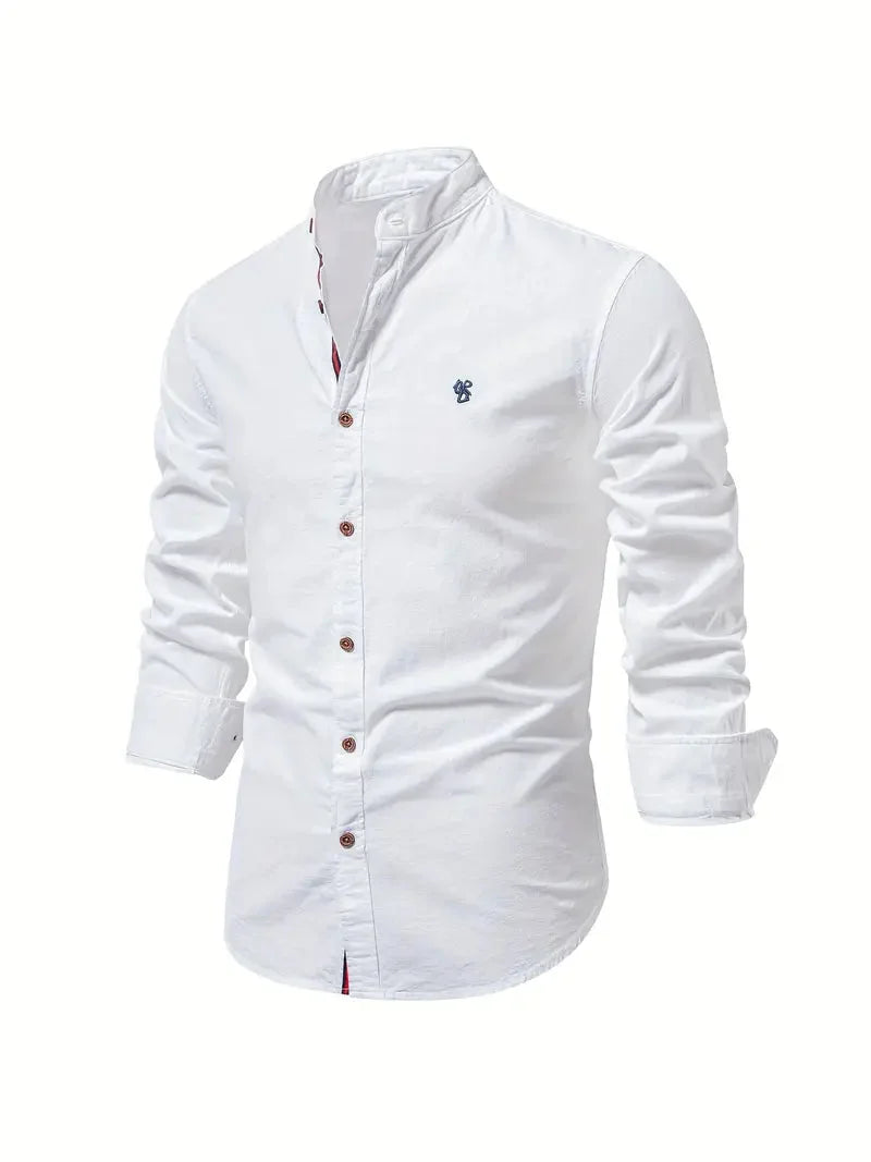White Men's Long Sleeve Shirt with Mandarin Collar & Button-Front Design - Side Pose