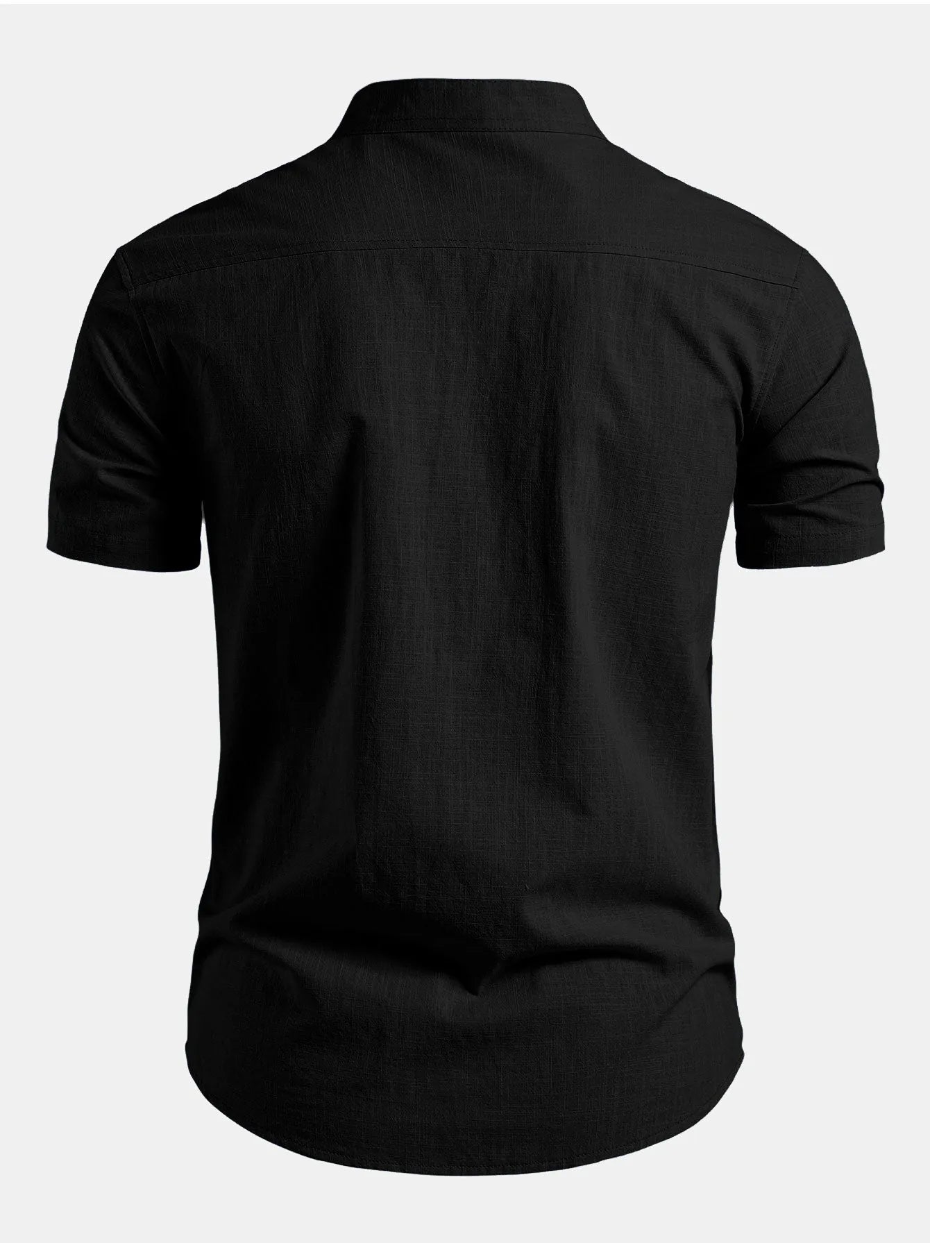 Black Men's Short Sleeve Slim Fit Linen Shirt with Mandarin Collar & Button-Front — Felix - Back Detail