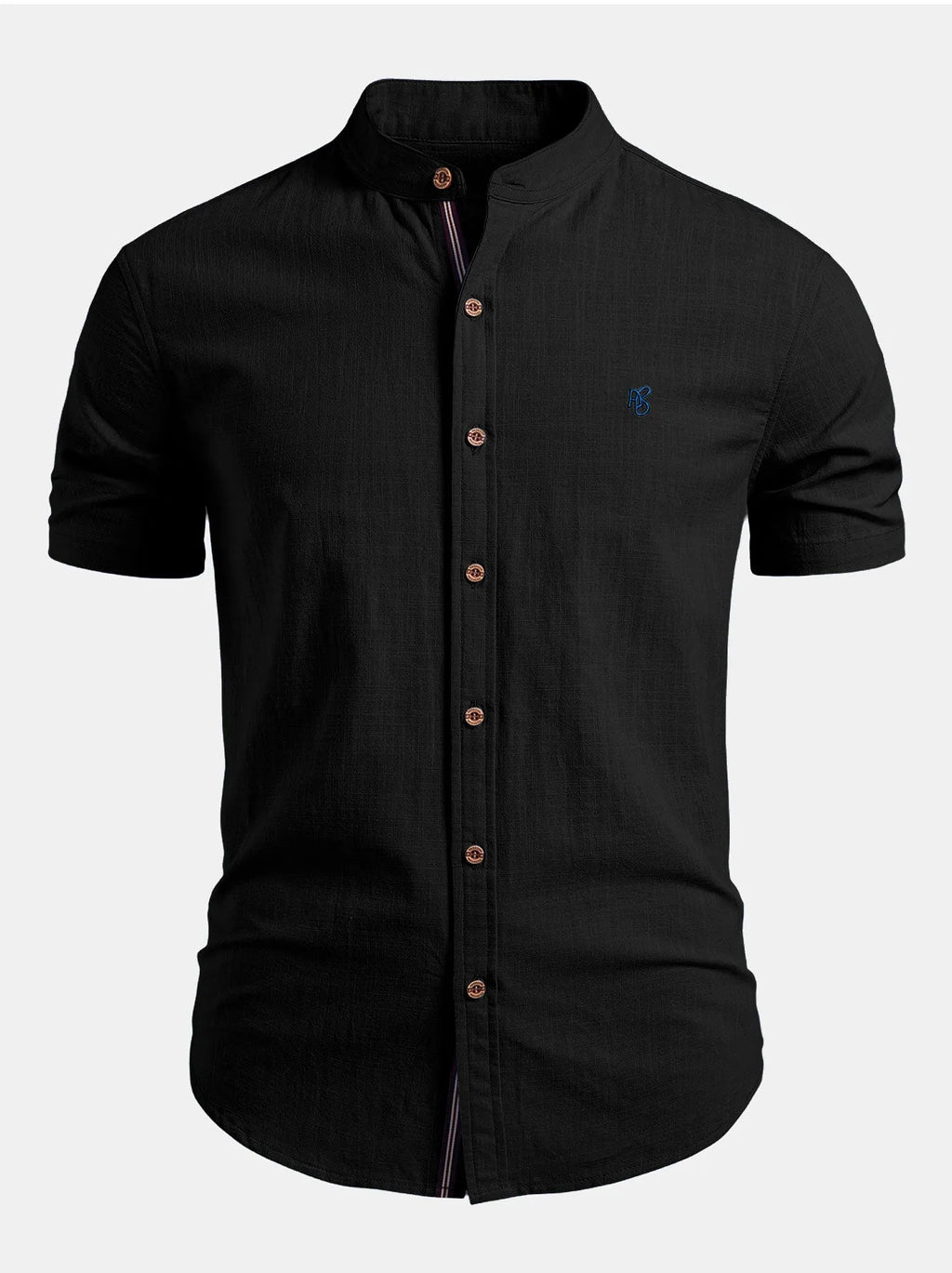 Black Men's Short Sleeve Slim Fit Linen Shirt with Mandarin Collar & Button-Front