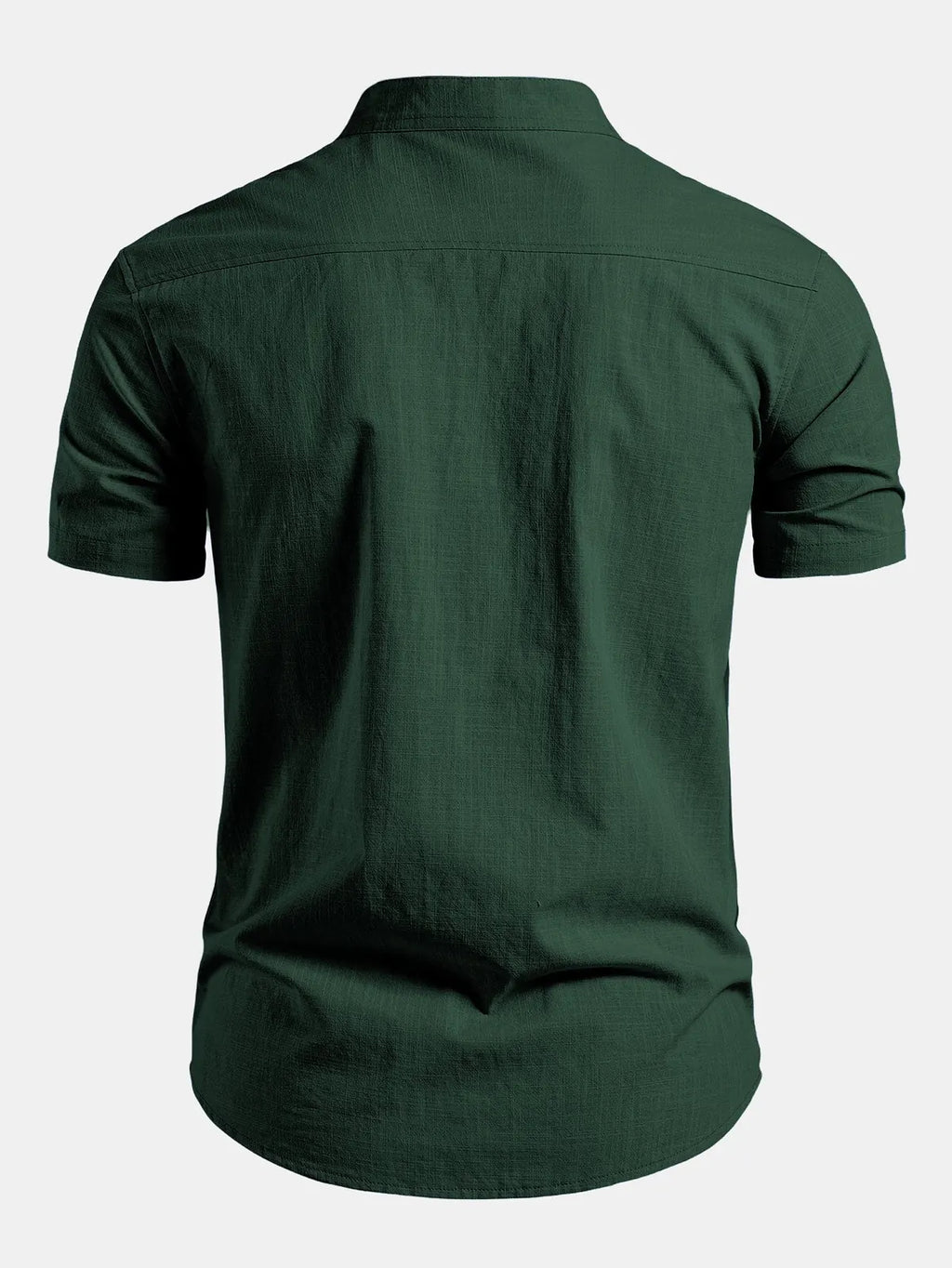 Dark Green Men's Short Sleeve Slim Fit Linen Shirt with Mandarin Collar & Button-Front — Felix - Back Studio