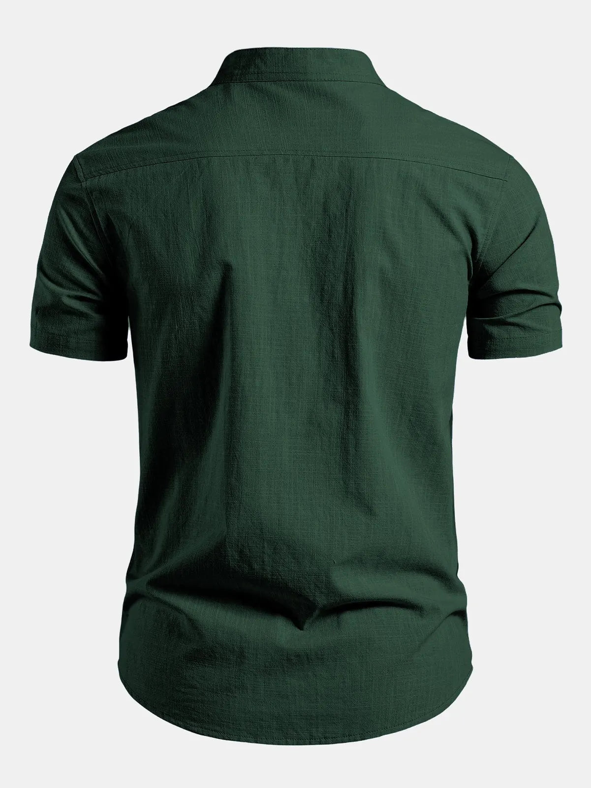 Dark Green Men's Short Sleeve Slim Fit Linen Shirt with Mandarin Collar & Button-Front — Felix - Back Studio