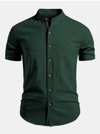 Dark Green Men's Short Sleeve Slim Fit Linen Shirt with Mandarin Collar & Button-Front