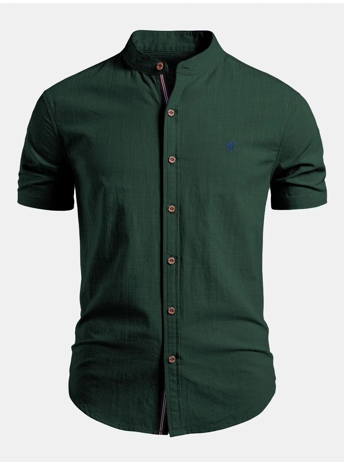 Dark Green Men's Short Sleeve Slim Fit Linen Shirt with Mandarin Collar & Button-Front