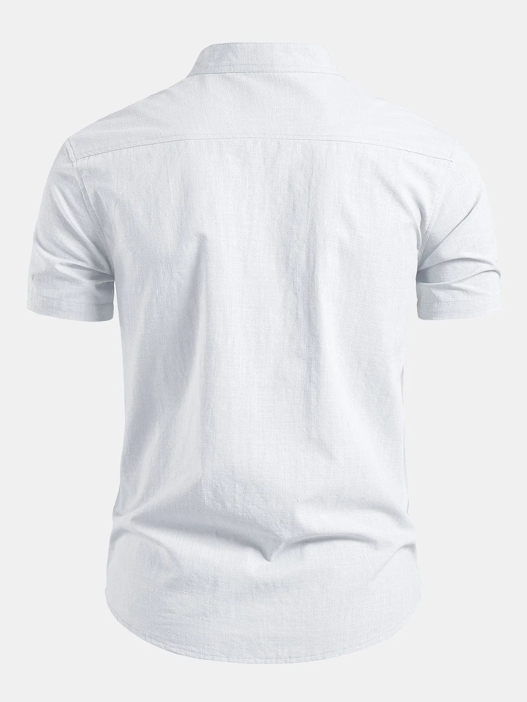 White Men's Short Sleeve Slim Fit Linen Shirt with Mandarin Collar & Button-Front — Felix - Back Flat