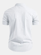 White Men's Short Sleeve Slim Fit Linen Shirt with Mandarin Collar & Button-Front — Felix - Back Flat