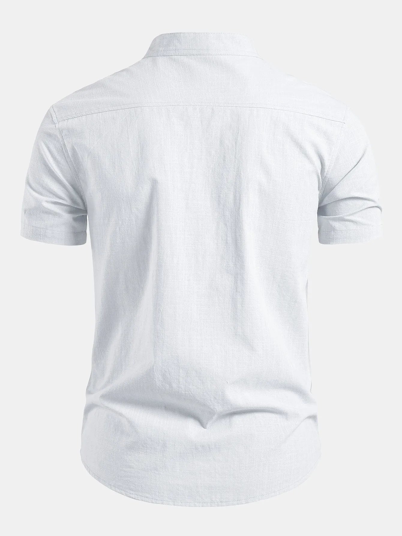 White Men's Short Sleeve Slim Fit Linen Shirt with Mandarin Collar & Button-Front — Felix - Back Flat