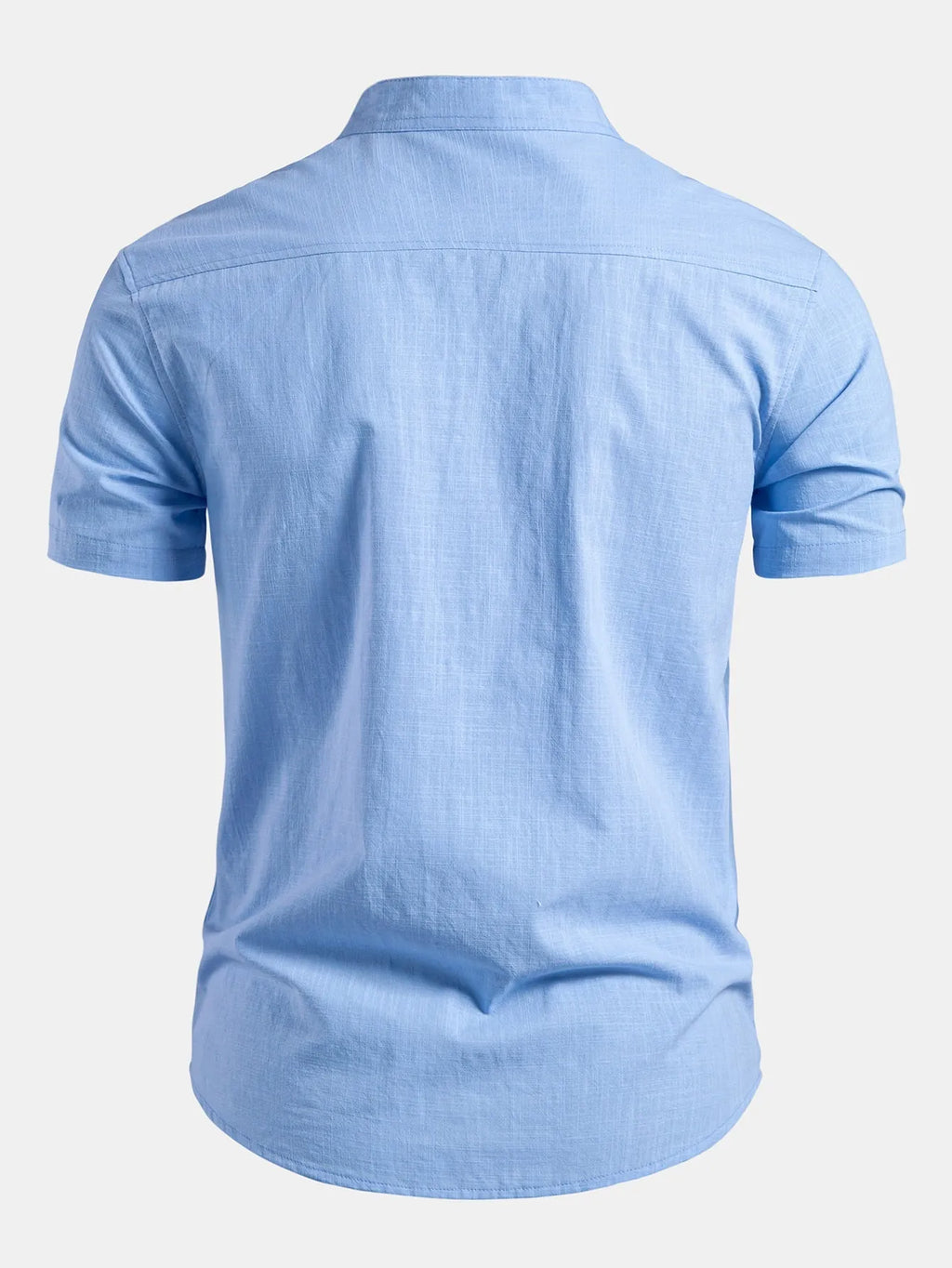 White Men's Short Sleeve Slim Fit Linen Shirt with Mandarin Collar & Button-Front — Felix - Back Full