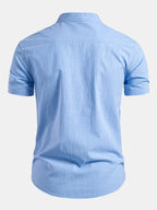 White Men's Short Sleeve Slim Fit Linen Shirt with Mandarin Collar & Button-Front — Felix - Back Full