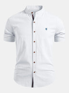 White Men's Short Sleeve Slim Fit Linen Shirt with Mandarin Collar & Button-Front — Felix - Front Flat