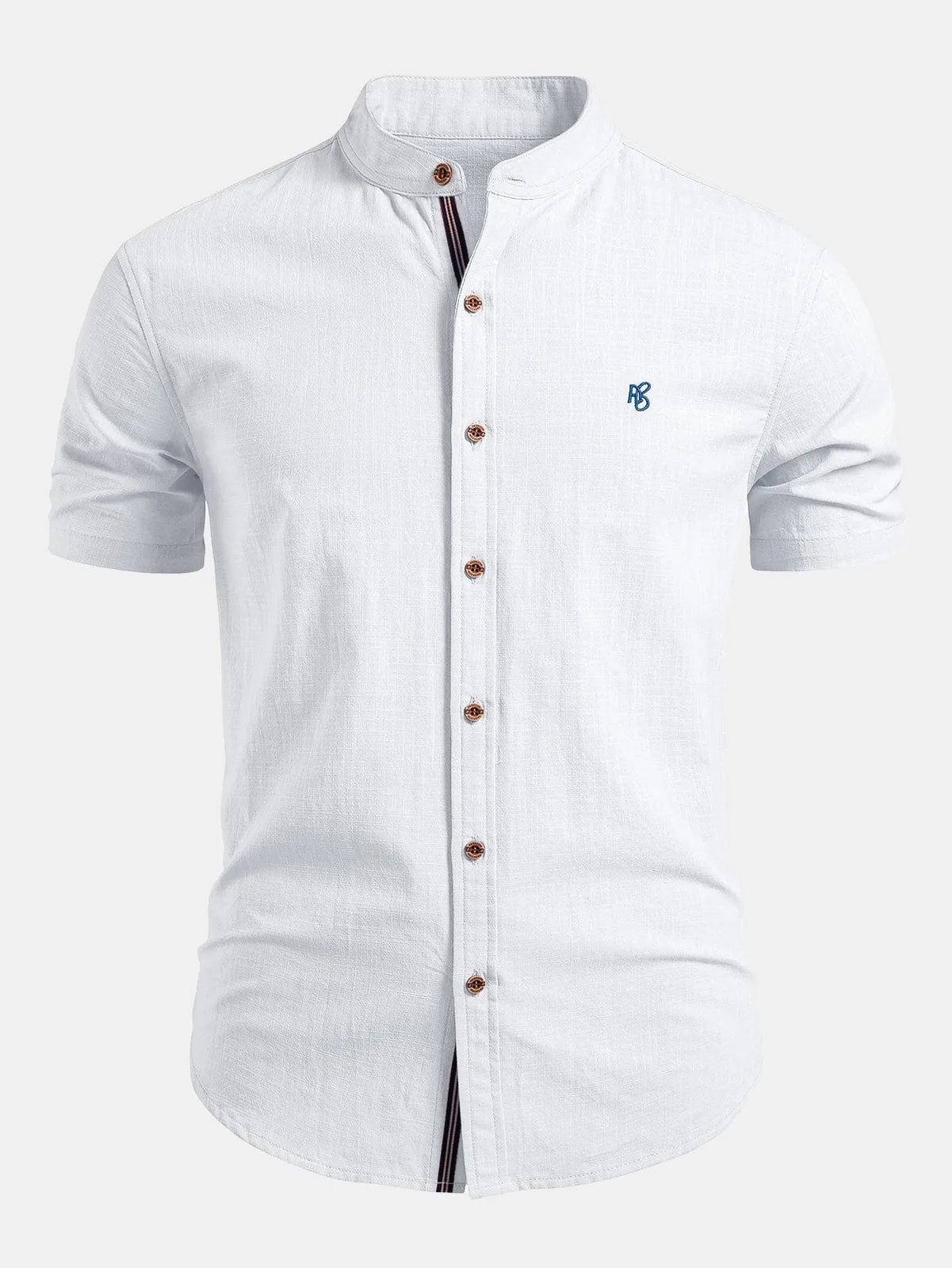 White Men's Short Sleeve Slim Fit Linen Shirt with Mandarin Collar & Button-Front — Felix - Front Flat
