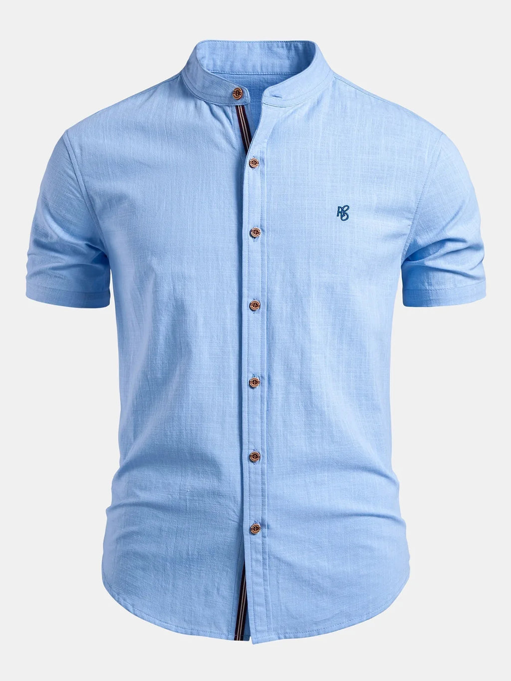 White Men's Short Sleeve Slim Fit Linen Shirt with Mandarin Collar & Button-Front