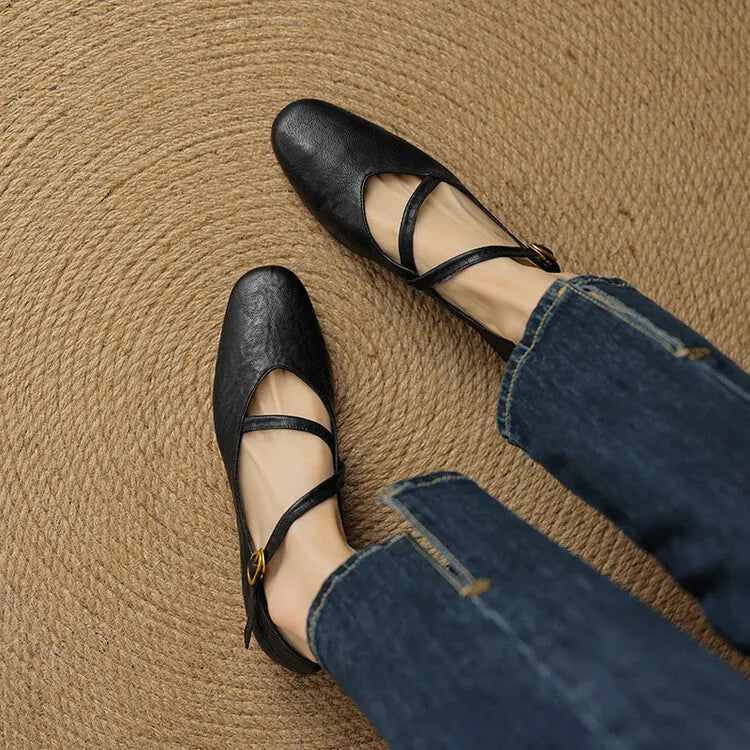 Black Women's Crisscross Leather Flats — Jasmine Butter-Soft Mary Buckle - Overhead Worn