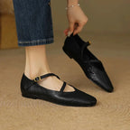 Black Women's Crisscross Leather Flats - Worn Lifestyle Detail