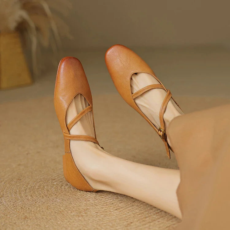 Brown Women's Crisscross Leather Flats — Jasmine Butter-Soft Mary Buckle - Feet Crossed Pose