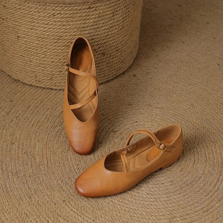 Brown Women's Crisscross Leather Flats — Jasmine Butter-Soft Mary Buckle - Flat Lay Pair