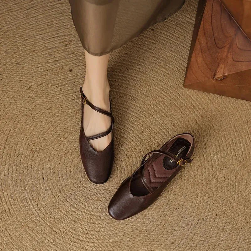 Mocha Women's Crisscross Leather Flats — Jasmine Butter-Soft Mary Buckle - Worn With Skirt