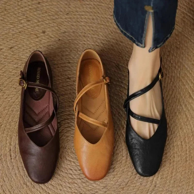 Multicolor Women's Crisscross Leather Flats — Jasmine Butter-Soft Mary Buckle - Three Pairs Comparison