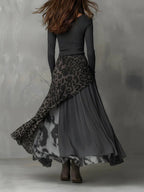 Gray Women's Leopard Maxi Dress with Ribbed Knit Top & Asymmetric Hem - Back Full
