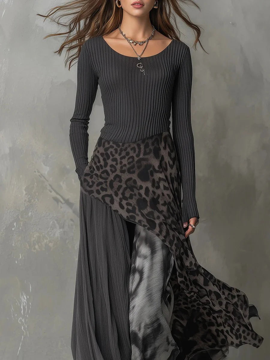 Gray Women's Leopard Maxi Dress with Ribbed Knit Top & Asymmetric Hem - Front Closeup