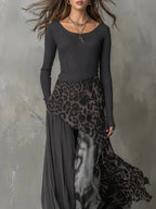 Gray Women's Leopard Maxi Dress with Ribbed Knit Top & Asymmetric Hem - Front Closeup