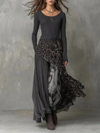 Gray Women's Leopard Maxi Dress with Ribbed Knit Top & Asymmetric Hem - Front Full