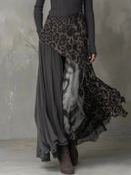Gray Women's Leopard Maxi Dress with Ribbed Knit Top & Asymmetric Hem - Hem Detail