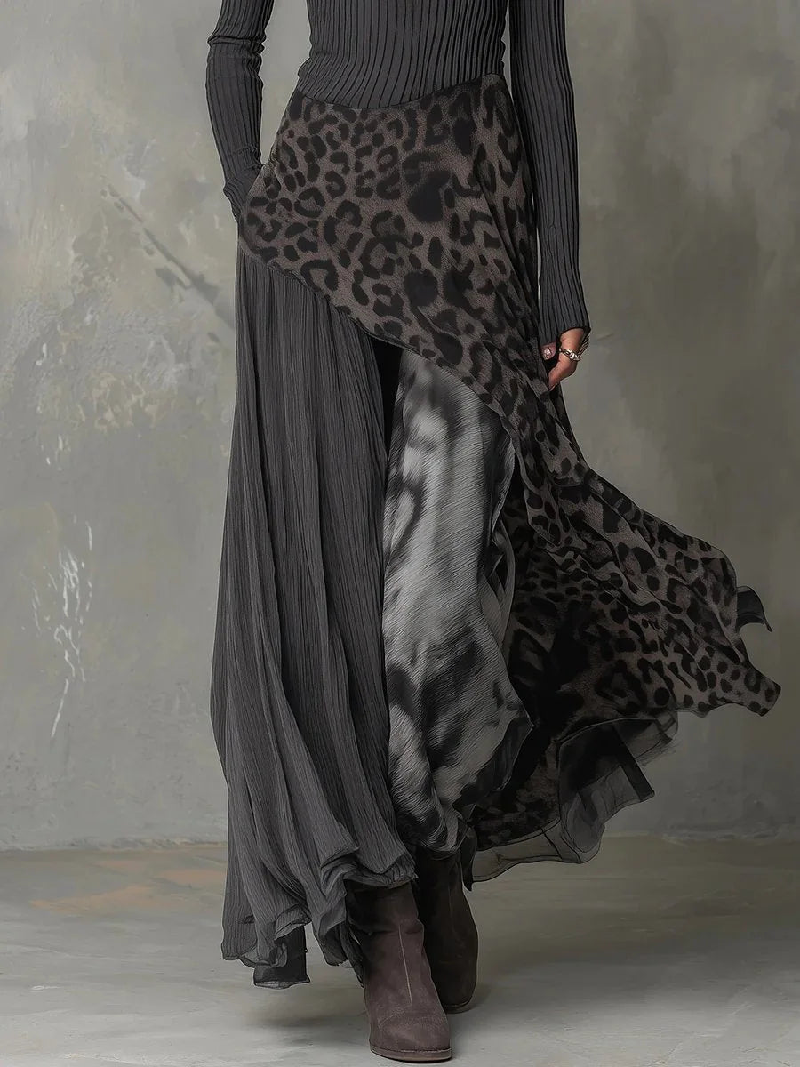 Gray Women's Leopard Maxi Dress with Ribbed Knit Top & Asymmetric Hem - Hem Detail