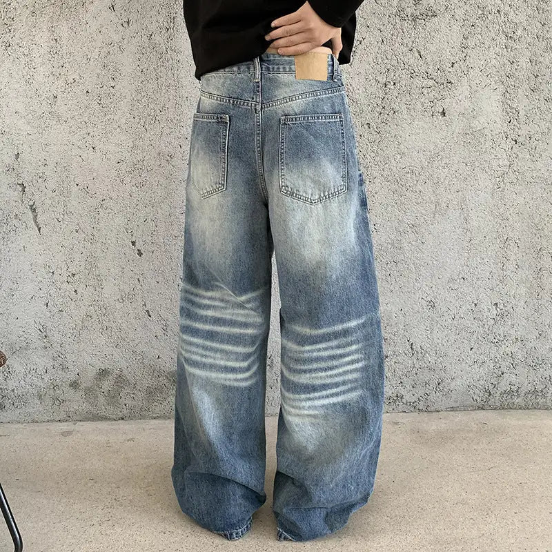 Blue Men's Baggy Jeans with High-Waisted Fit & Whisker Fading - Back Full