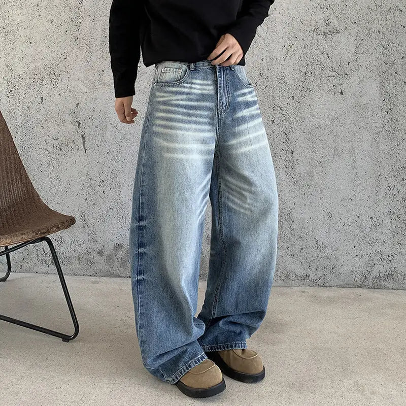 Blue Men's Baggy Jeans with High-Waisted Fit & Whisker Fading - Front Close Up