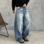 Blue Men's Baggy Jeans with High-Waisted Fit & Whisker Fading - Front Close Up