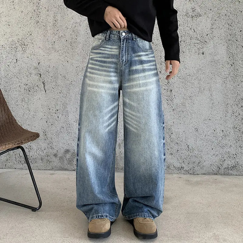 Blue Men's Baggy Jeans with High-Waisted Fit & Whisker Fading - Front Full