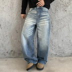 Blue Men's Baggy Jeans with High-Waisted Fit & Whisker Fading - Front Lean