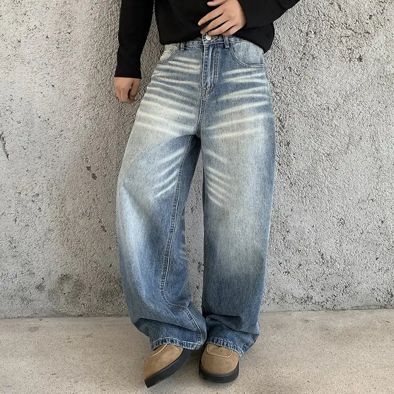 Blue Men's Baggy Jeans with High-Waisted Fit & Whisker Fading - Front Lean