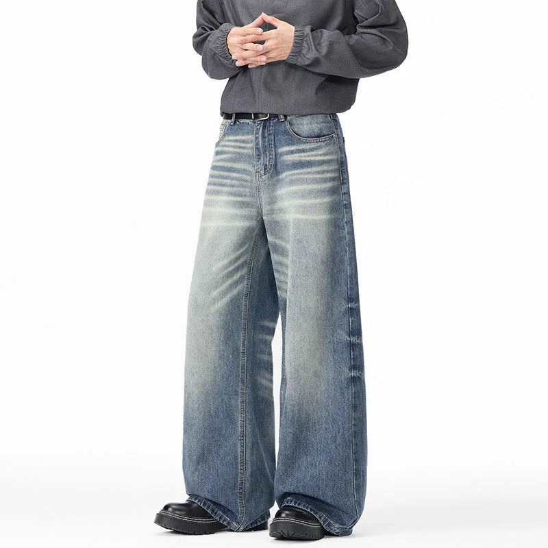 Blue Men's Baggy Jeans with High-Waisted Fit & Whisker Fading - Studio White