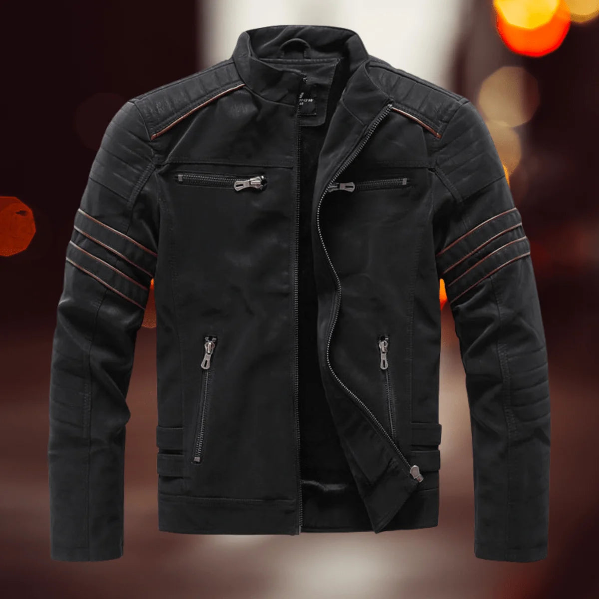 Black Men's Leather Biker Jacket with Zip Pockets & Soft Lining — Daniel