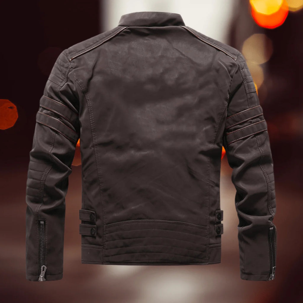 Brown Men's Leather Biker Jacket with Zip Pockets & Soft Lining — Daniel - Back Full
