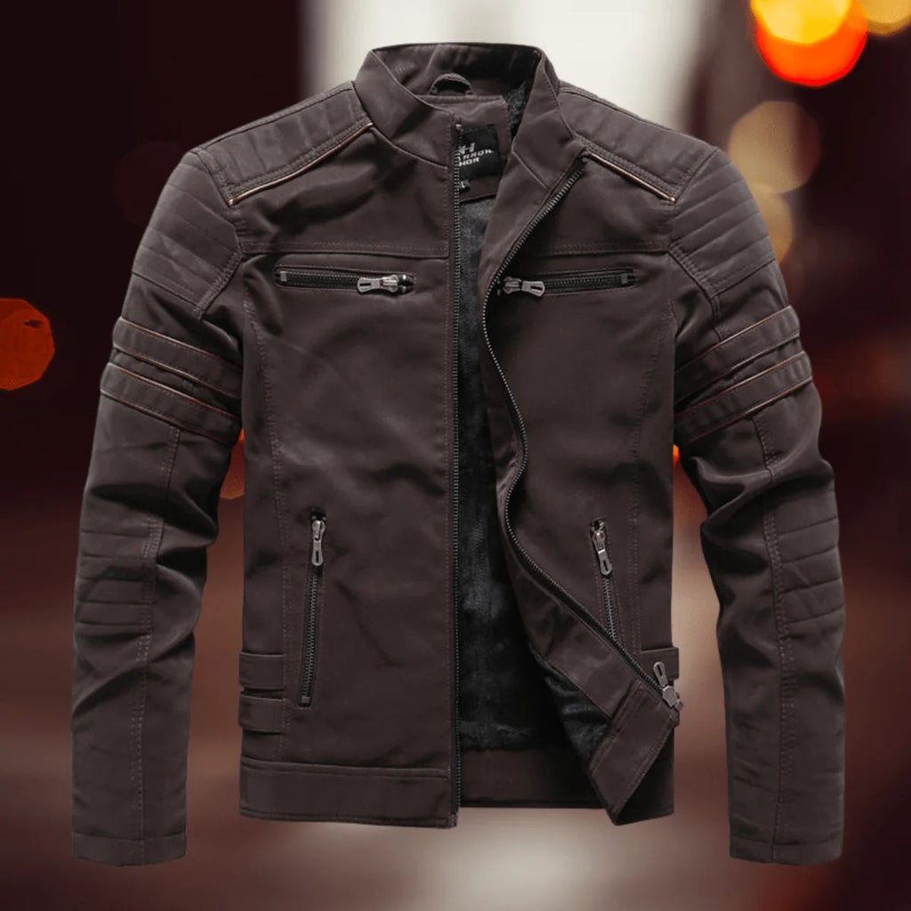 Brown Men's Leather Biker Jacket with Zip Pockets & Soft Lining — Daniel