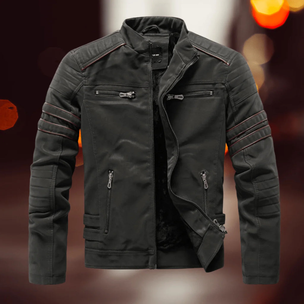 Dark Green Men's Leather Biker Jacket with Zip Pockets & Soft Lining — Daniel - Front Full Alt