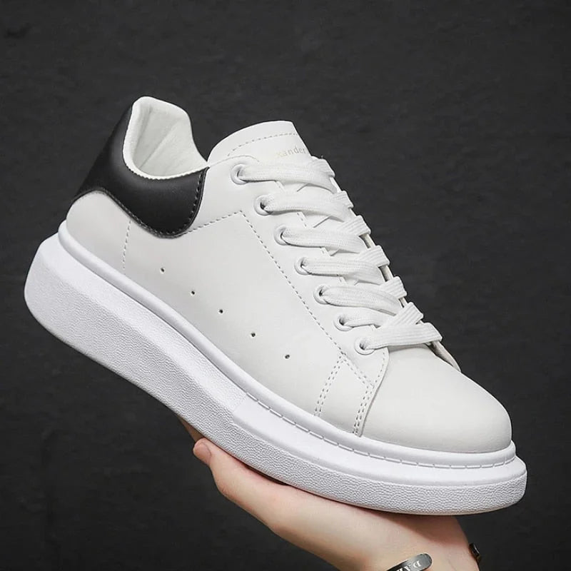 White Men's White Casual Sneakers with Cushioned Comfort & Lightweight Feel — August - Hand Hold Black Heel