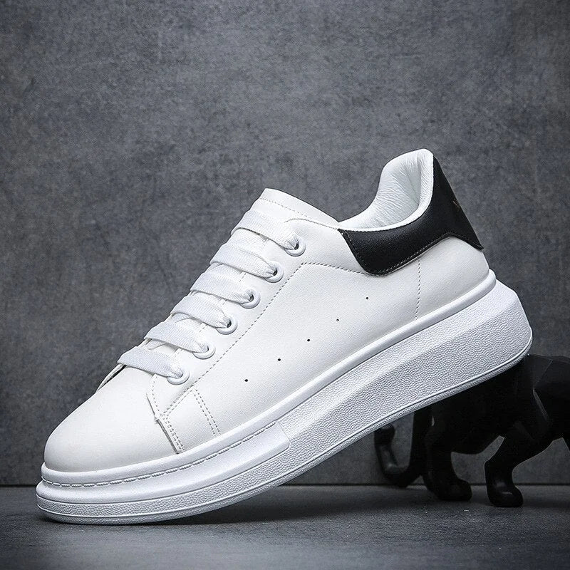 White Men's White Casual Sneakers with Cushioned Comfort & Lightweight Feel — August - Side Profile Black Heel