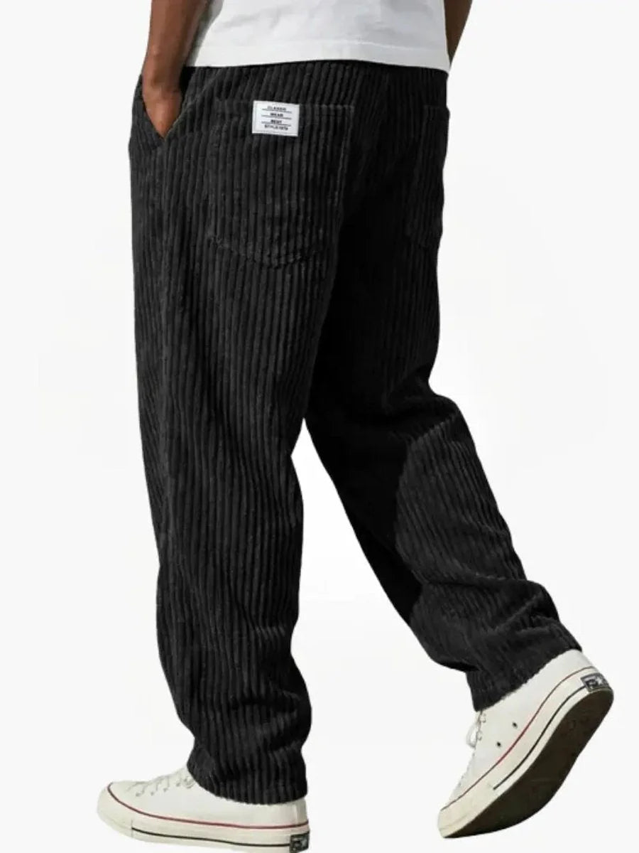 Black Men's Corduroy Pants with Elastic Waistband & Straight Fit