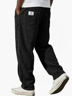 Black Men's Corduroy Pants with Elastic Waistband & Straight Fit