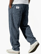 Blue Men's Corduroy Pants with Elastic Waistband & Straight Fit
