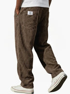 Brown Men's Corduroy Pants with Elastic Waistband & Straight Fit