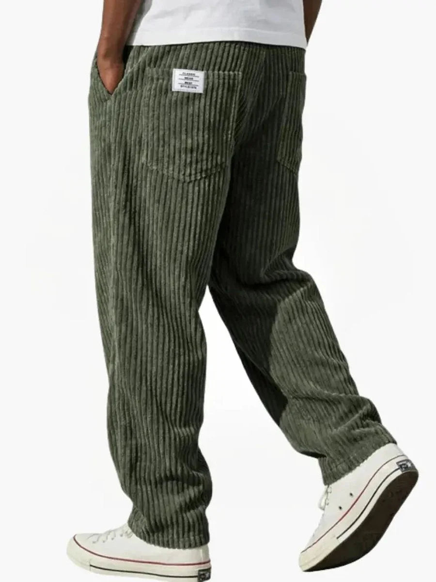 Green Men's Corduroy Pants with Elastic Waistband & Straight Fit