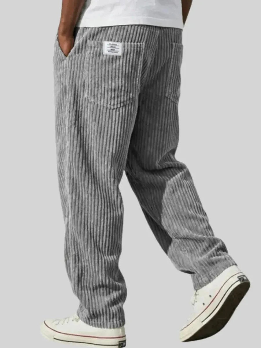 Grey Men's Corduroy Pants with Elastic Waistband & Straight Fit
