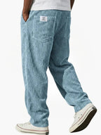 Light Blue Men's Corduroy Pants with Elastic Waistband & Straight Fit