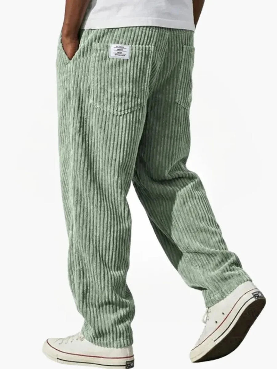 Light Green Men's Corduroy Pants with Elastic Waistband & Straight Fit - Back Stride