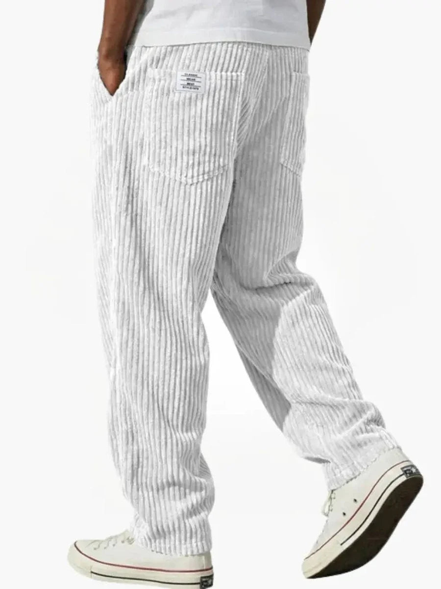 White Men's Corduroy Pants with Elastic Waistband & Straight Fit - Studio