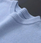 Light Blue Men's Everyday Crew Neck Sweater in Soft Mohair with Ribbed Trim — Ethan - Close Up Collar